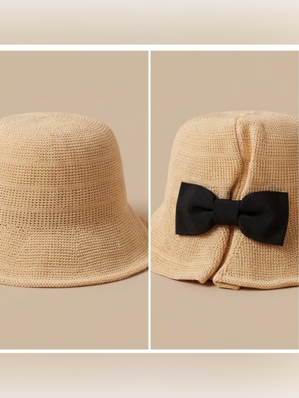 Light Tan Bucket Hat with Black Bow.